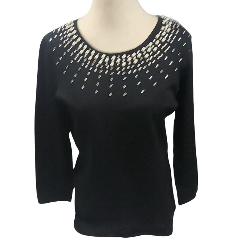White House Black Market Black 3/4 Sleeve Top Pearl & Rhinestone Womens Size M